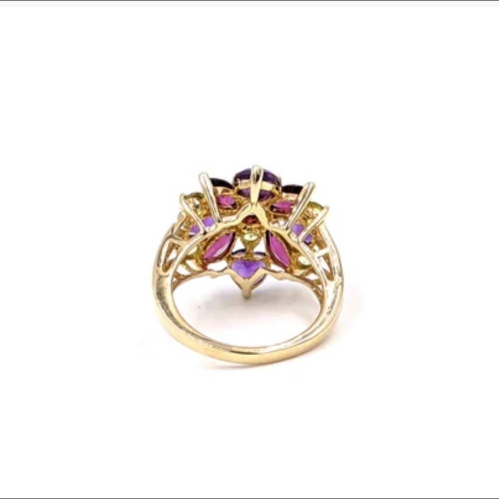 🍁 10KT YELLOW GOLD AMETHYST, PERIDOT & RHODOLITE GARNET FLOWER CLUSTER RING - Picture 5 of 12
